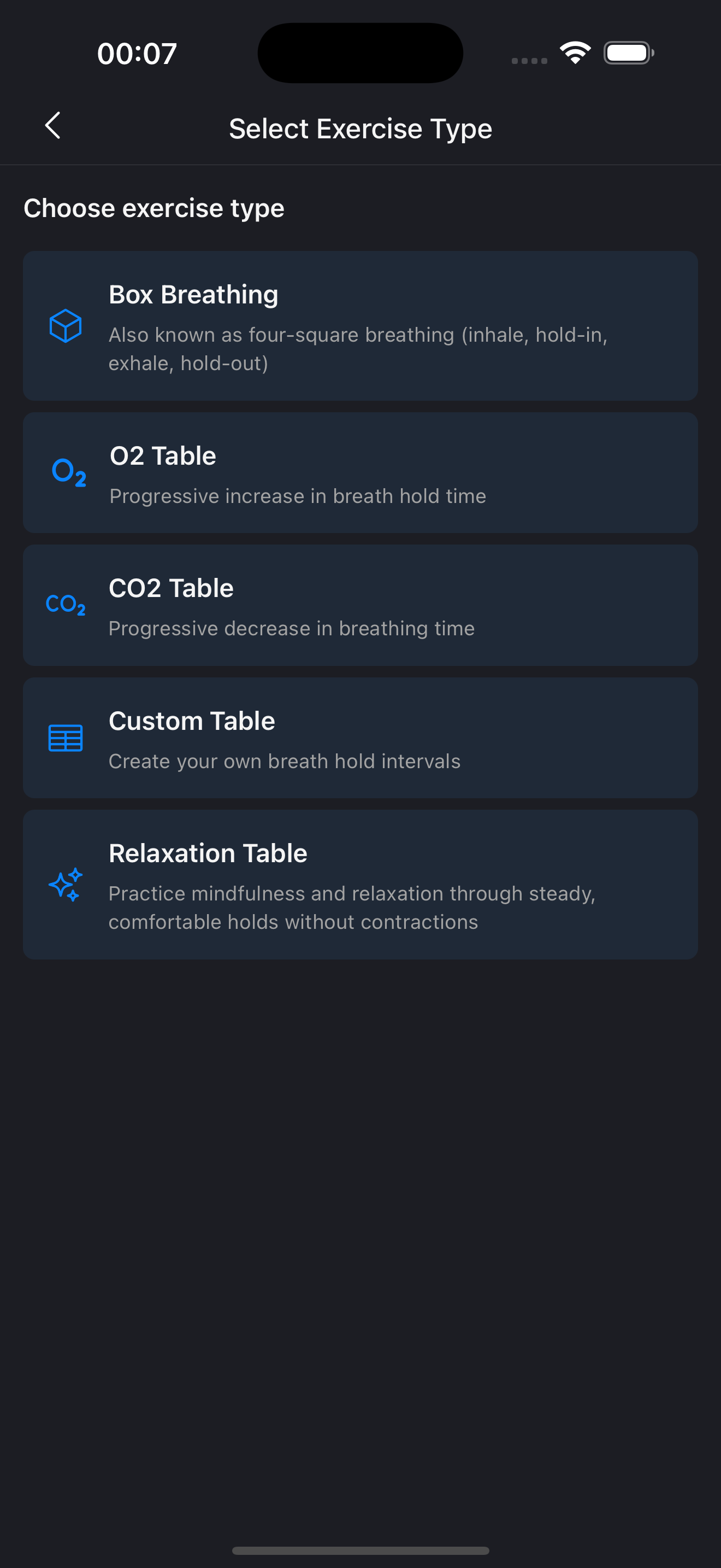OxyBoost exercise selection screen