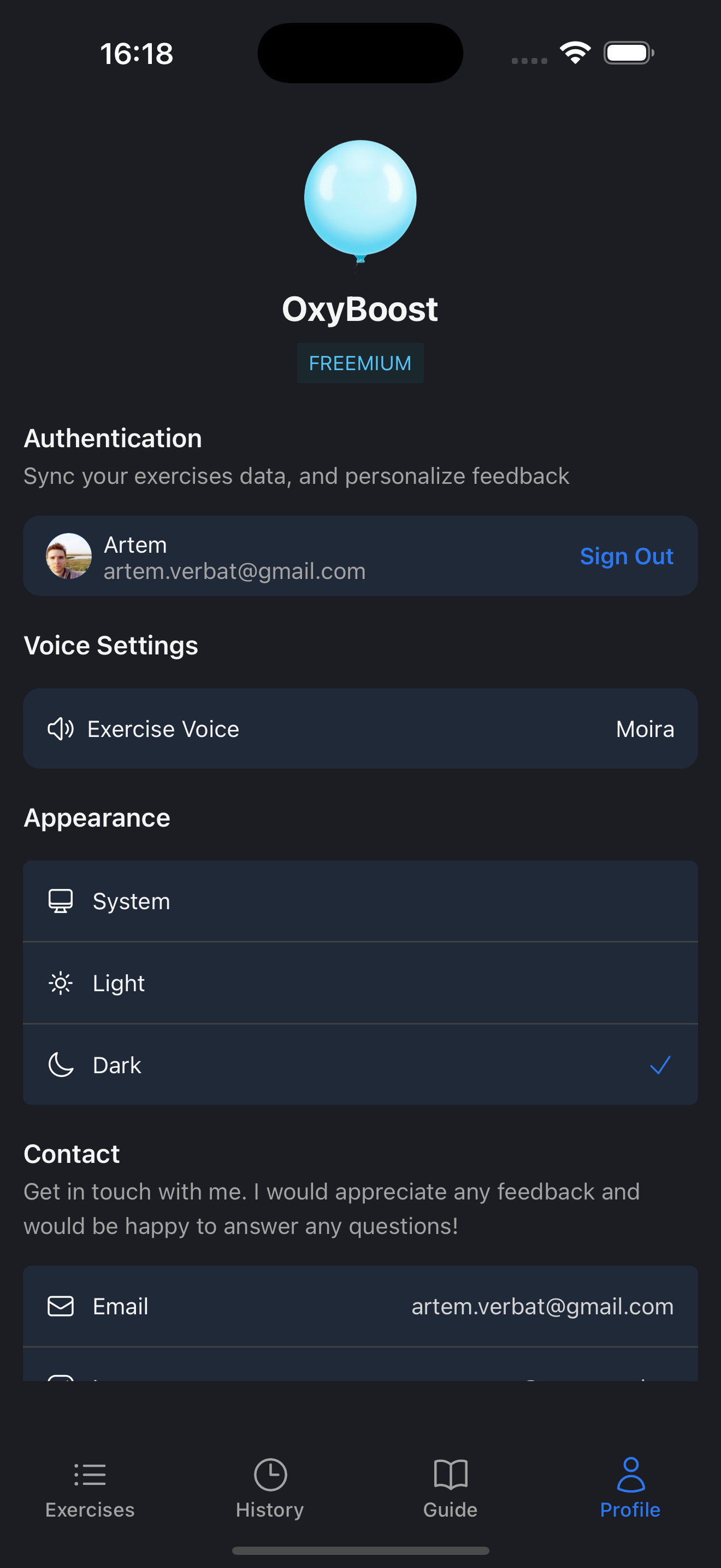 OxyBoost statistics screen